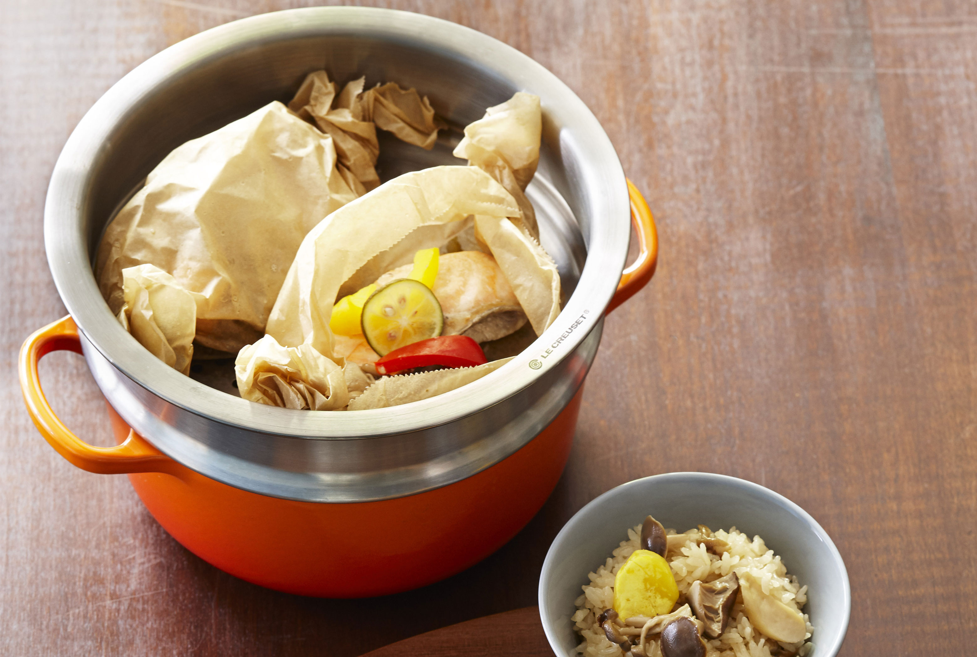 キャベツスープと鮭の紙包み蒸し、きのこ栗ご飯